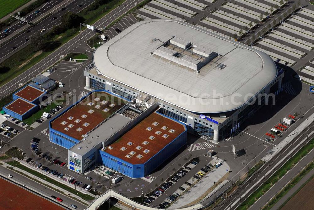 Mannheim from the bird's eye view: 01.09.2006 Mannheim (Baden-Württemberg) Blick auf die SAP Arena am Flughafen Mannheim,SAP ARENA Betriebsgesellschaft der Multifunktionsarena Mannheim mbH & Co. KG Xaver-Fuhr-Str. 150 ,68163 Mannheim ,Tel.: +49 (0) 6 21 - 1 81 90 - 204 Fax: +49 (0) 6 21 - 1 81 90 - 18 213,e-Mail: info@saparena.de