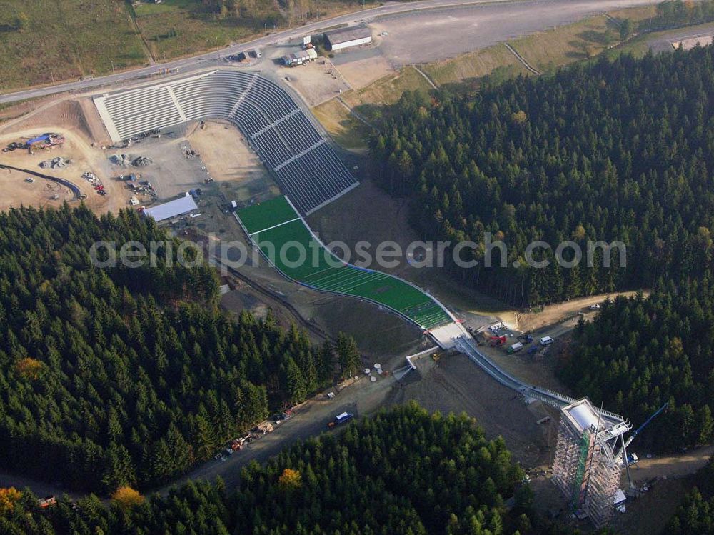 Klingenthal ( Sachsen ) from the bird's eye view: Klingenthal (Sachs.): Bauarbeiten an der Schanze am Schwarzberg a.meinel@t-online.de;