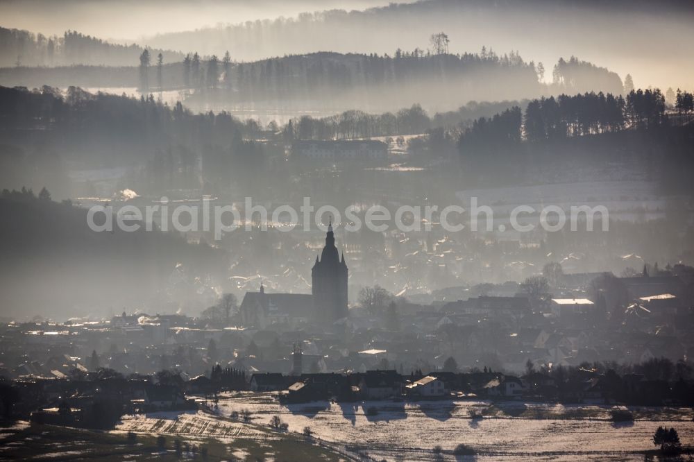 Brilon from the bird's eye view: View from Scharfenberg winter Lanschaft and Provost Church St.Petrus and Andreas Brilon, North Rhine-Westphalia, Germany