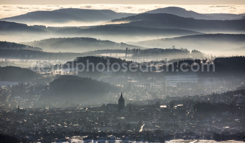 Brilon from the bird's eye view: View from Scharfenberg winter Lanschaft and Provost Church St.Petrus and Andreas Brilon, North Rhine-Westphalia, Germany