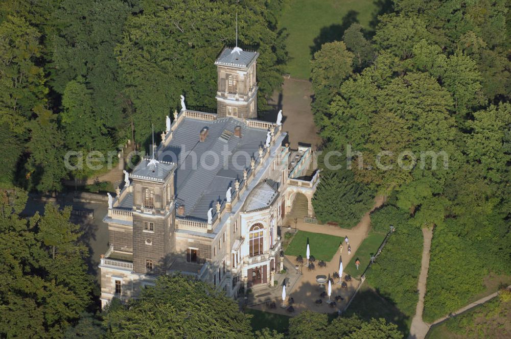 Aerial image Dresden - Blick auf das Schloss Albrechtsberg am rechten Elbufer in Dresden. Es wurde zwischen 1850 und 1854 für den preußischen Prinzen Albrecht gebaut. Architekt des preußisch-klassizistischen Schlosses war Adolf Lohse. Zum Schloss gehört außerdem noch ein Garten, der seit 1930 öffentlich zugänglich ist. In der DDR nutze man es auch als Freizeitzentrum für Kinder wo es als Pionierpalast Walter Ulbricht bekannt war. Heutzutage finden diverse Veranstaltungen auf dem Schloss statt. Diese reichen von Konzerten über Kongresse bis hin zu Trauungen. Betreiber ist die Konzert- und Kongressgesellschaft mbH Dresden. Kontakt: Konzert- und Kongressgesellschaft mbH Dresden Kulturpalast / Schloß Albrechtsberg, Anschrift Schloß Albrechtsberg: Bautzner Str. 130 01067 Dresden, Tel. +49(0)351 4866 0, Fax +49(0)351 4866 269, Email: schloss@kkg-dresden.com