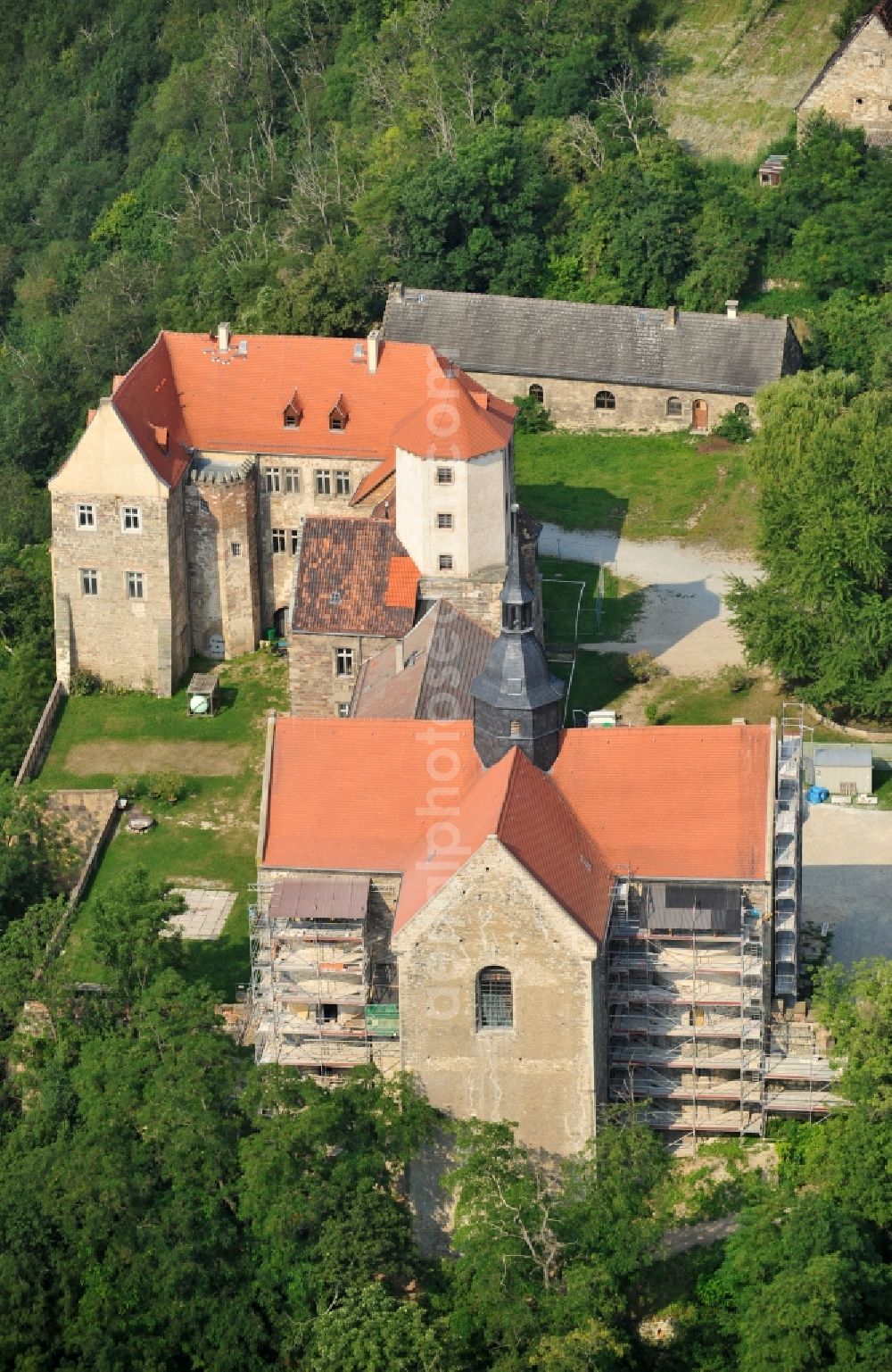 Goseck from above - View of the castle Goseck in the homonymous city in Saxony-Anhalt. The medieval castle and abbey was built in the 9th Century and is now used by Schloss Goseck e.V. The association, which was founded in 1998, started its business on the European music and culture center, and organizes concerts. There are also guest rooms, a castle-tavern and information spaces for Goseck solar observatory since 2006