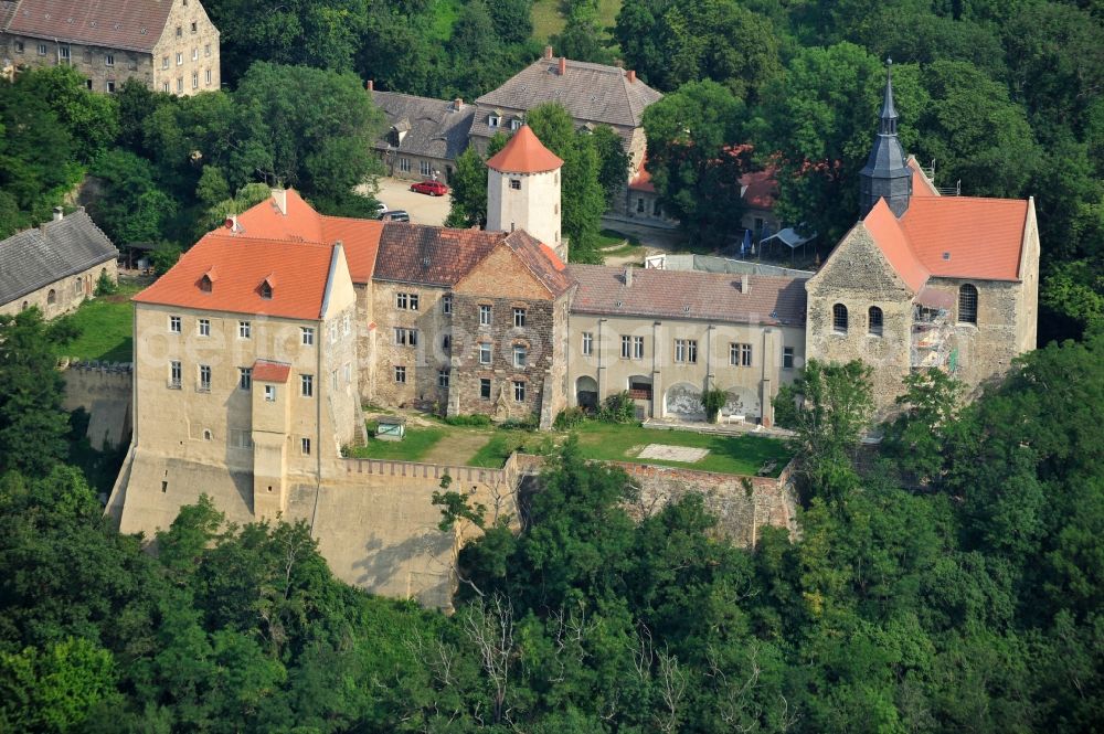 Goseck from above - View of the castle Goseck in the homonymous city in Saxony-Anhalt. The medieval castle and abbey was built in the 9th Century and is now used by Schloss Goseck e.V. The association, which was founded in 1998, started its business on the European music and culture center, and organizes concerts. There are also guest rooms, a castle-tavern and information spaces for Goseck solar observatory since 2006