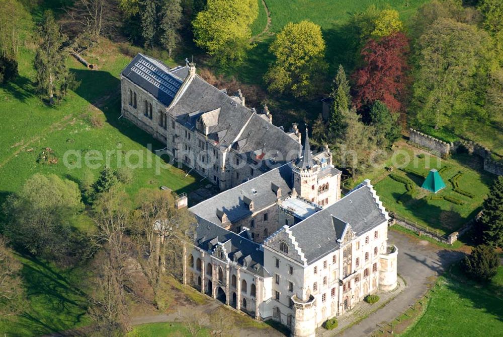 Aerial image Friedrichroda (Thüringen) - Blick auf Schloss Reinhardsbrunn bei Friedrichroda im Thüringer Wald. Seit dem 1085 befand sich an dieser Stelle das Hauskloster der Landgrafen von Thüringen. Währendnd des Bauernkrieges wurde es geplündert und zerstört. 1827 entstand anstelle des Klosters ein Lustschloss und später ein Landschaftspark. Heute befinden sich auf dem Gelände ein Hotel und ein Fortbildungszentrum. Kontakt: post@schloss-reinhardsbrunn.com,