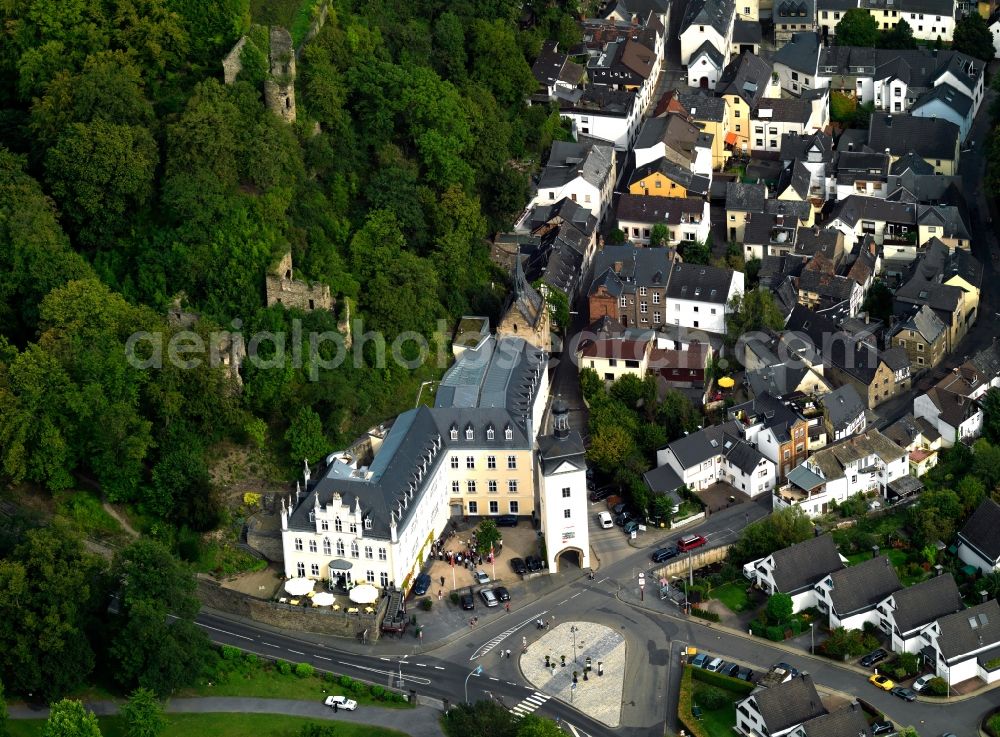 Bendorf from the bird's eye view: View of the castle Sayn in Bendorf in the state of Rhineland-Palatinate. On the hill behind the castle are the ruins of the old castle complex