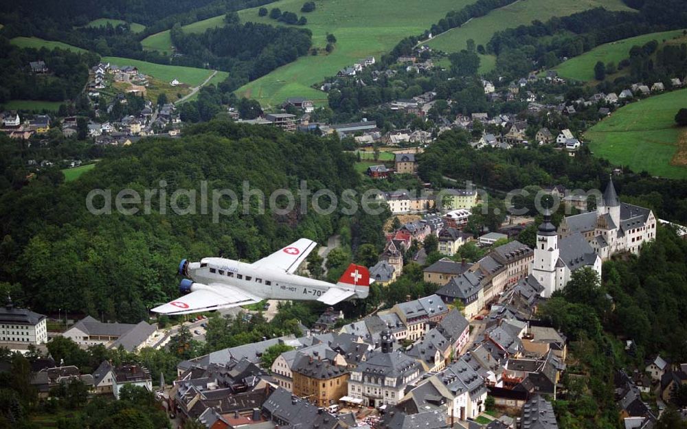 Aerial image Schwarzenberg - Ju 52 der Schweiz über Scharzenberg und dem Schloss Schwarzenberg in Schwarzenberg, Kontakt: Museum Schloß Schwarzenberg, Obere Schloßstraße 36, 08340 Schwarzenberg, Telefon: (03774) 2 33 89,