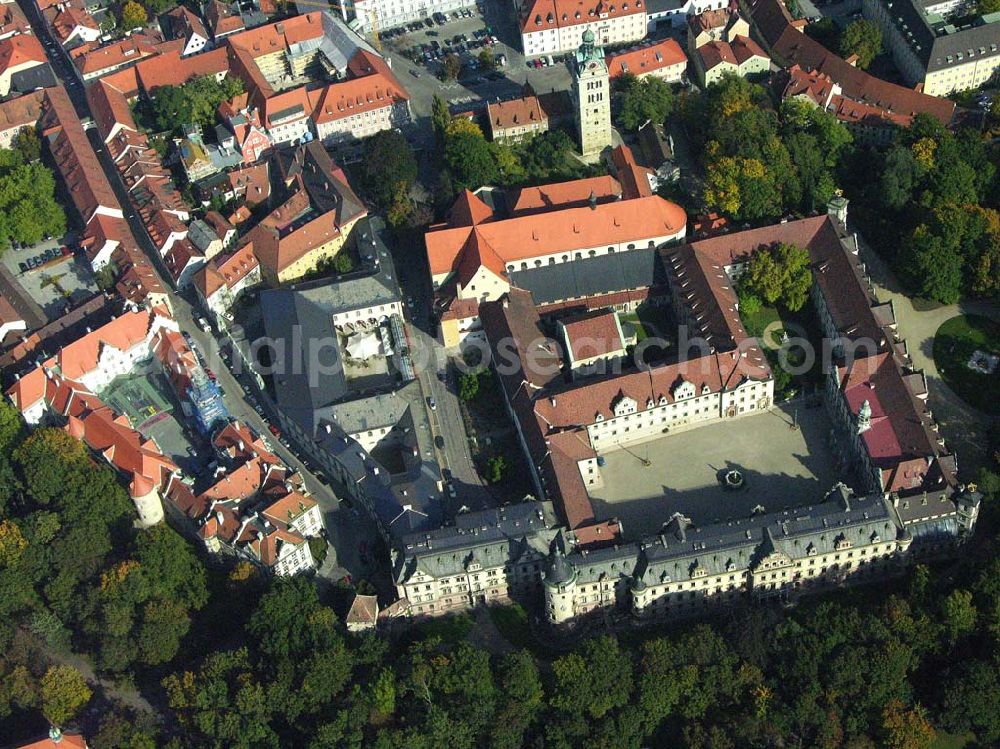 Regensburg ( Bayern ) from the bird's eye view: : Fürstliches Ambiente erwartet Sie in Schloss Thurn und Taxis / Schloss St. Emmeram.Sie können die Museen besuchen und in den prunkvollsten Räumlichkeiten des Schlosses feiern. Schlossverwaltung 93047 Regensburg; Emmeramsplatz 5; Tel.: 0941 / 50 48 – 184; Fax: 0941 / 50 48 – 161; E-Mail: wbrandl@thurnundtaxis.de