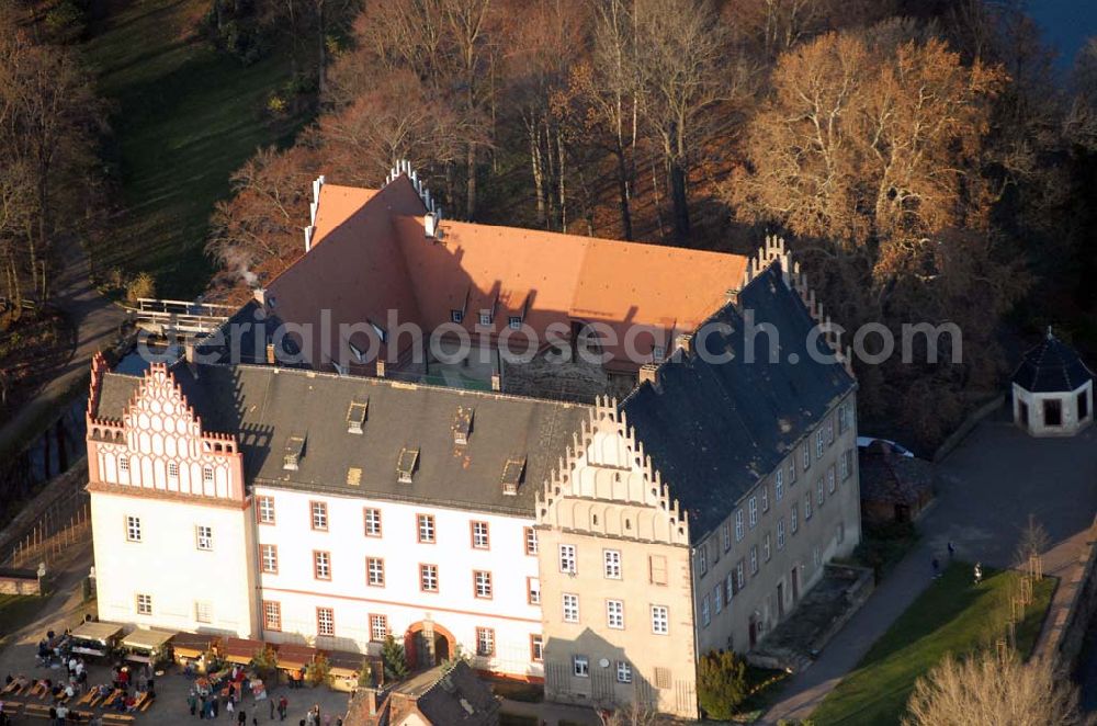 Aerial image Trebsen - , Blick auf das Schloss in Trebsen, Förderverein für Handwerk und Denkmalpflege e.V. Schloss Trebsen, Thomas-Müntzer-Gasse 2, 04687 Trebsen, Geschäftsführer: Dipl.-Ing. Uwe Bielefeld, Tel.: 034383-92300, Fax:034383-92350 E-mail: u.bielefeld@schloss-trebsen.de,