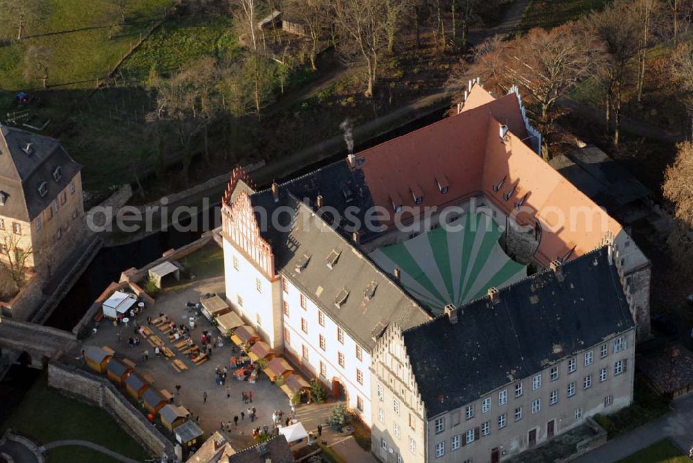 Aerial photograph Trebsen - , Blick auf das Schloss in Trebsen, Förderverein für Handwerk und Denkmalpflege e.V. Schloss Trebsen, Thomas-Müntzer-Gasse 2, 04687 Trebsen, Geschäftsführer: Dipl.-Ing. Uwe Bielefeld, Tel.: 034383-92300, Fax:034383-92350 E-mail: u.bielefeld@schloss-trebsen.de,