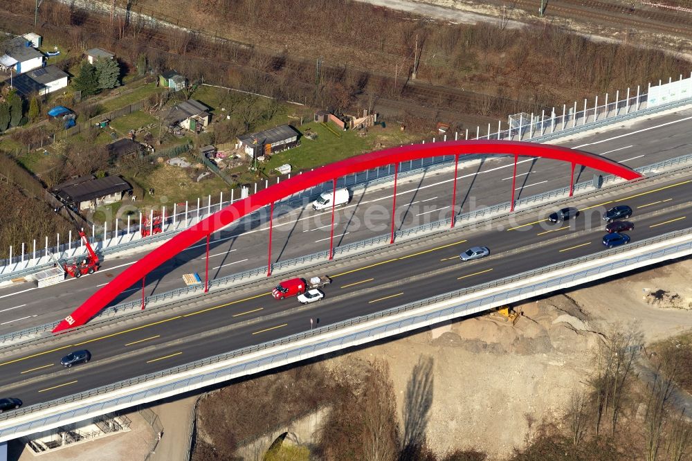 Aerial image Dortmund - View of the Schnettkerbrücke in Dortmund in North Rhine-Westphalia NRW.This bridge, which was built in 2005, is a motorway bridge over the Emschertal in Dortmund and complements the Rheinlanddamm