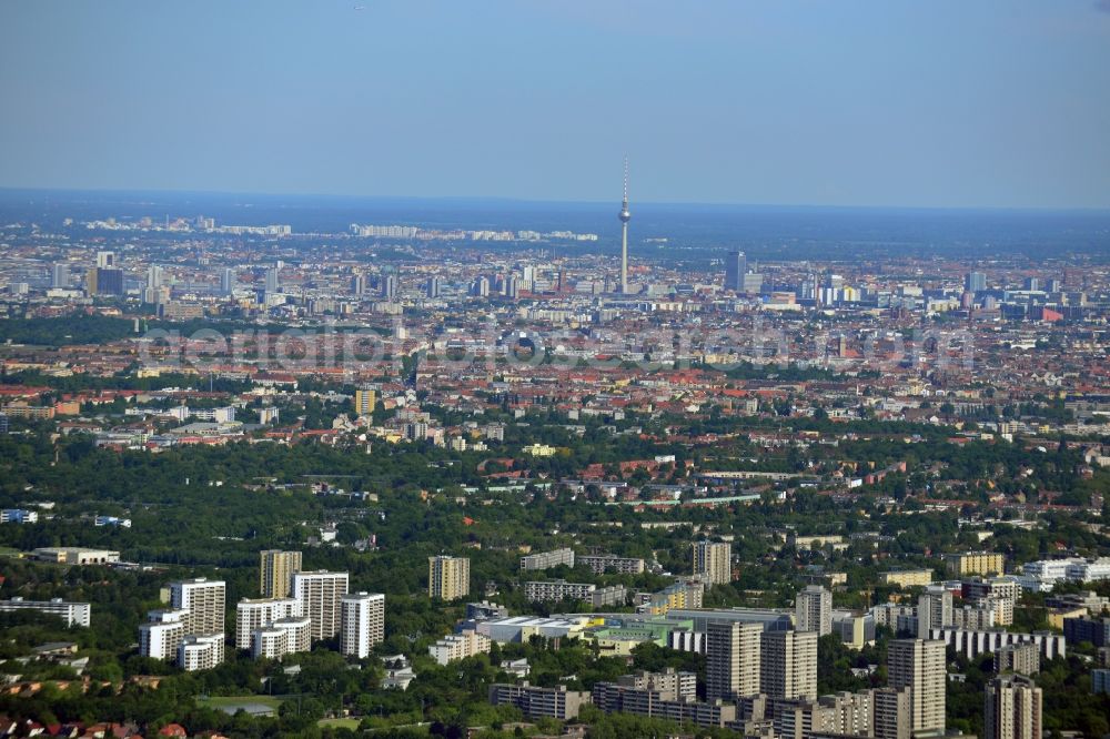 Berlin from above - The view is from the southern outskirts of the city Gropius, with the shopping center Gropiuspassagen towards the city center of Berlin with the central attraction of the Berlin TV tower