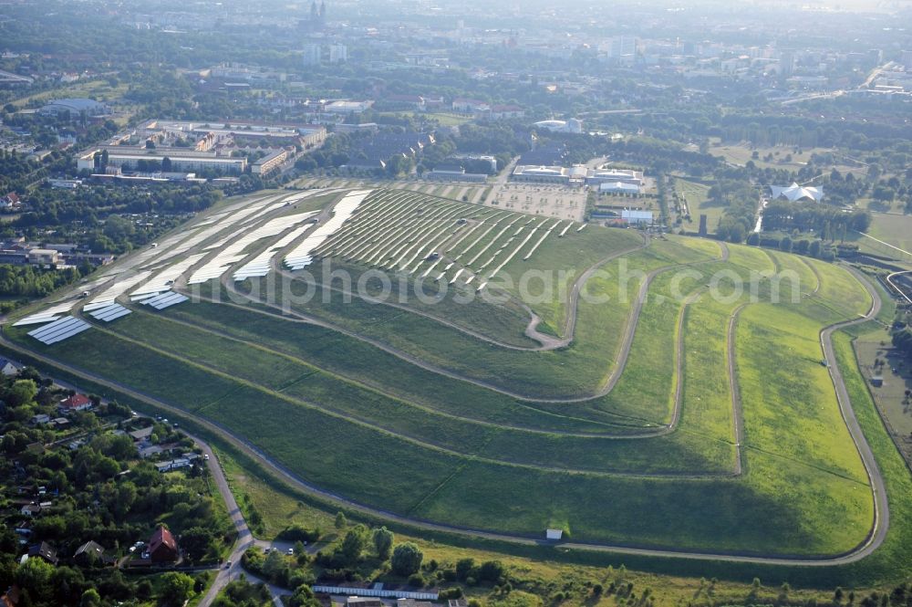 Magdeburg from above - View of the solar park in Magdeburg in Saxony-Anhalt. Under the direction of the WSB group, there was built the solar park within 5 months on the former domestic waste landfill Cracauer Anger, which was closed in 1998. The plant went into operation in December 2011