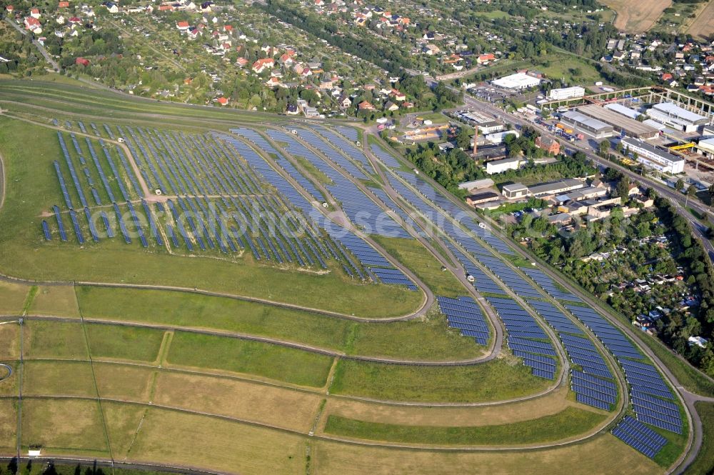 Aerial image Magdeburg - View of the solar park in Magdeburg in Saxony-Anhalt. Under the direction of the WSB group, there was built the solar park within 5 months on the former domestic waste landfill Cracauer Anger, which was closed in 1998. The plant went into operation in December 2011