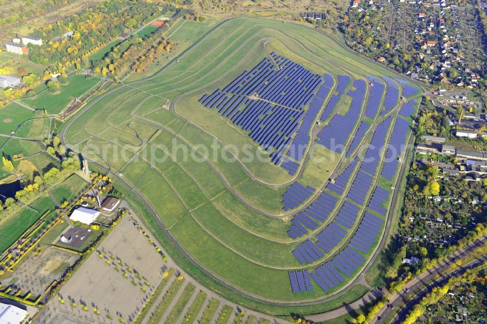 Aerial image Magdeburg - View of the solar park in Magdeburg in Saxony-Anhalt. Under the direction of the WSB group, there was built the solar park within 5 months on the former domestic waste landfill Cracauer Anger, which was closed in 1998. The plant went into operation in December 2011