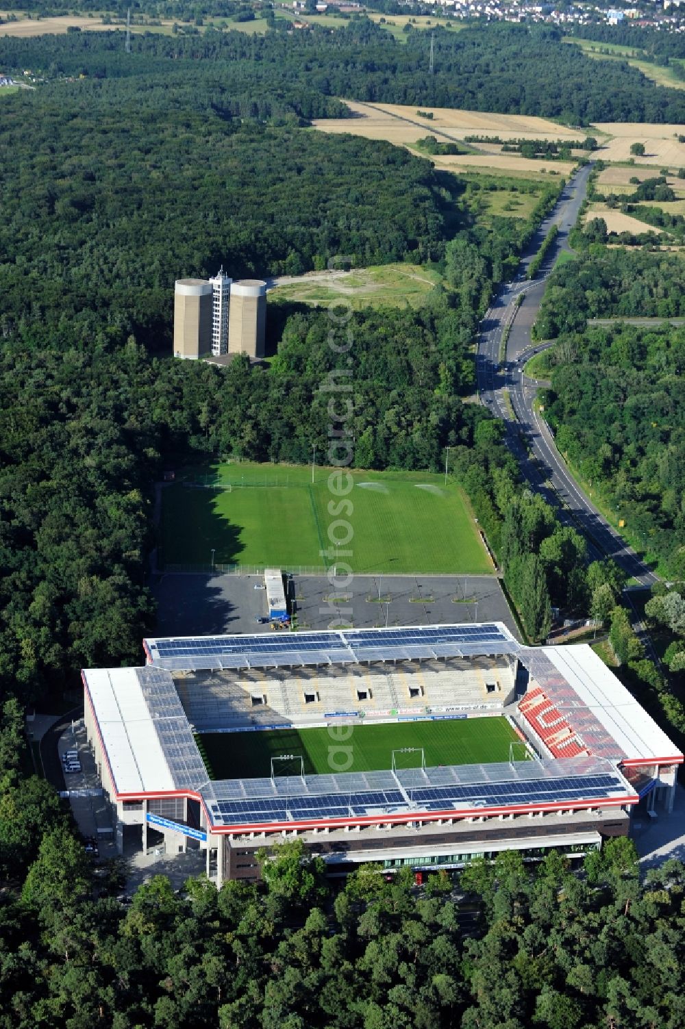 Aerial photograph Offenbach - View of the Sparda-Bank-Hessen stadium in Offenbach. The soccer stadium, in which the soccer club Kickers Offenbach plays its home games, was rebuilt after the demolition of the stadium Bieberer Berg at the same location with a higher capacity of 20,500 seats. Under the leadership of the newly formed stadium company Bieberer Berg (SBB), the stadium was built in February 2011 and celebrated its opening in July 2012