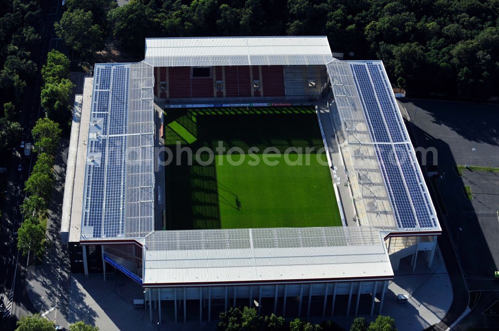 Offenbach from the bird's eye view: View of the Sparda-Bank-Hessen stadium in Offenbach. The soccer stadium, in which the soccer club Kickers Offenbach plays its home games, was rebuilt after the demolition of the stadium Bieberer Berg at the same location with a higher capacity of 20,500 seats. Under the leadership of the newly formed stadium company Bieberer Berg (SBB), the stadium was built in February 2011 and celebrated its opening in July 2012