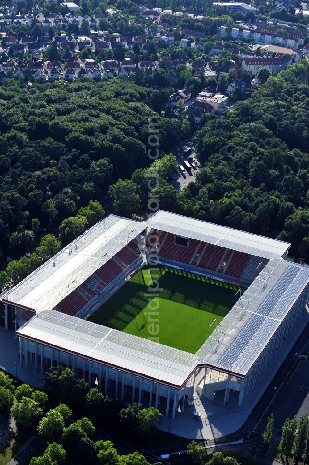 Aerial image Offenbach - View of the Sparda-Bank-Hessen stadium in Offenbach. The soccer stadium, in which the soccer club Kickers Offenbach plays its home games, was rebuilt after the demolition of the stadium Bieberer Berg at the same location with a higher capacity of 20,500 seats. Under the leadership of the newly formed stadium company Bieberer Berg (SBB), the stadium was built in February 2011 and celebrated its opening in July 2012