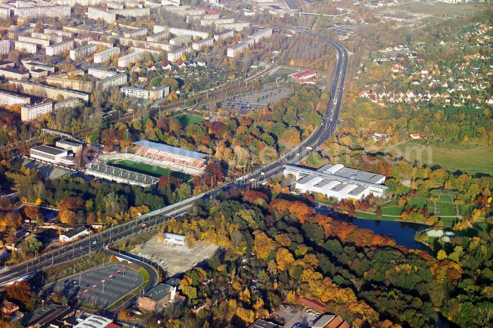 Cottbus / Brandenburg from the bird's eye view: 29.10.2005 CottbusBlick auf das Areal des Fußball- Stadion Am Eliaspark 1in 03042 Cottbus