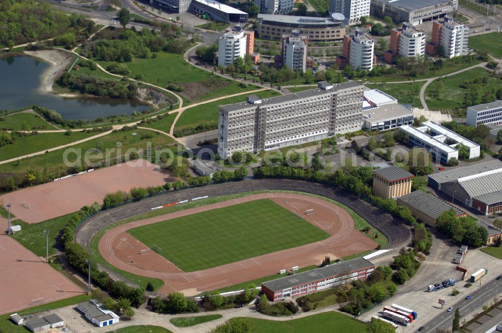 Aerial image Halle - Blick auf das Stadion Neustadt in Halle. Geplant ist ein Neubau des Stadions für ca. 15 Mio Euro. Es sollen dann 15.000 Zuschauerplätze zur Verfügung stehen. Adresse: Nietlebener Straße 14, 06126 Halle (Saale), Tel. +49 (0)3 45 6 87 20 86