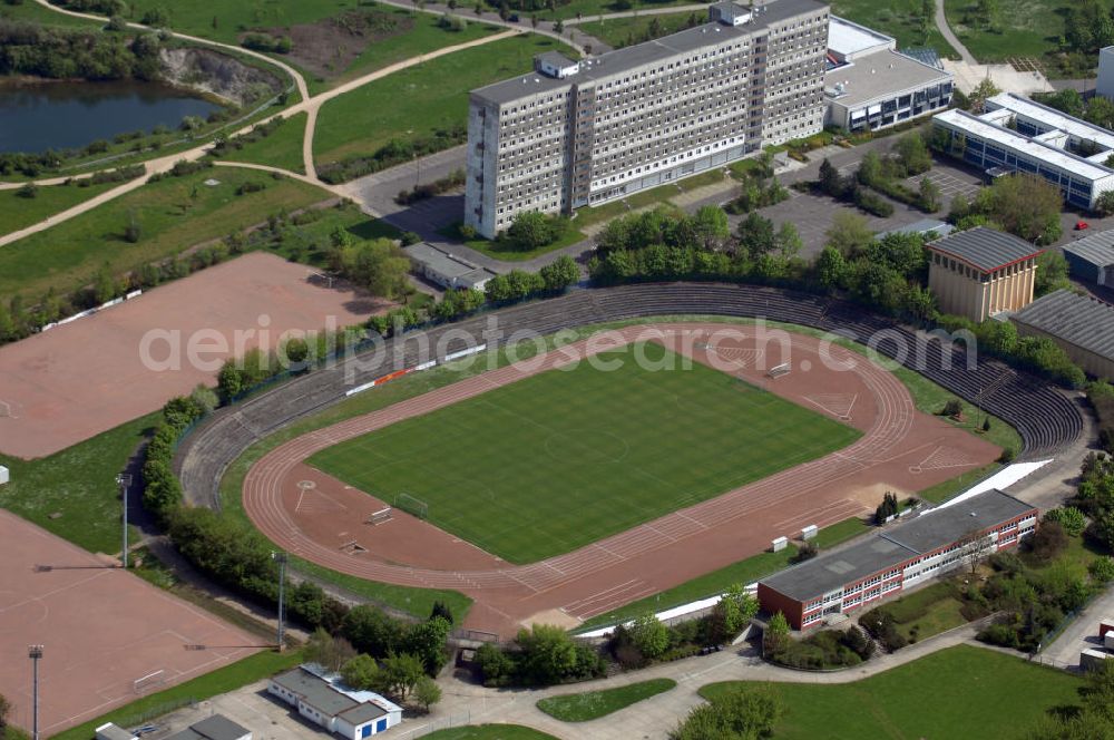 Halle from the bird's eye view: Blick auf das Stadion Neustadt in Halle. Geplant ist ein Neubau des Stadions für ca. 15 Mio Euro. Es sollen dann 15.000 Zuschauerplätze zur Verfügung stehen. Adresse: Nietlebener Straße 14, 06126 Halle (Saale), Tel. +49 (0)3 45 6 87 20 86