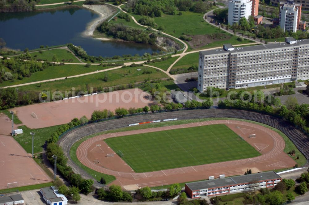 Aerial photograph Halle - Blick auf das Stadion Neustadt in Halle. Geplant ist ein Neubau des Stadions für ca. 15 Mio Euro. Es sollen dann 15.000 Zuschauerplätze zur Verfügung stehen. Adresse: Nietlebener Straße 14, 06126 Halle (Saale), Tel. +49 (0)3 45 6 87 20 86