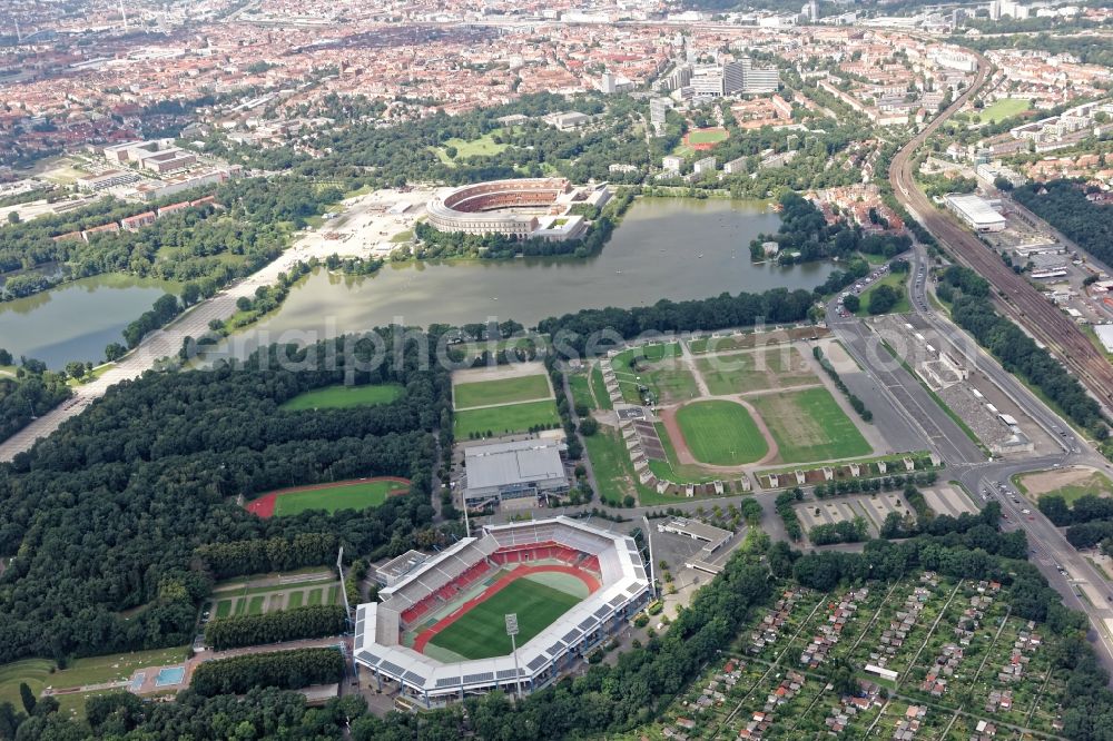 Nürnberg from the bird's eye view: View from the stadium and arena over Zeppelinfeld and Dutzendteich to the congress hall in Nuremberg in the state of Bavaria