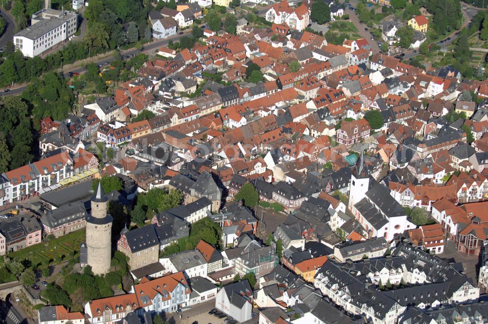 Aerial photograph Idstein - Blick auf die Stadt Idstein. Idstein ist eine Stadt im Rheingau-Taunus-Kreis in Hessen, Deutschland. Sie liegt im Taunus nördlich von Wiesbaden. Wahrzeichen der Stadt ist der Hexenturm aus dem 12. Jahrhundert. Kontakt: Stadtverwaltung Idstein, Rathaus, König-Adolf-Platz 2, 65510 Idstein, Tel. +49 (0)6126 78 0, Fax +49 (0)6126 78 815