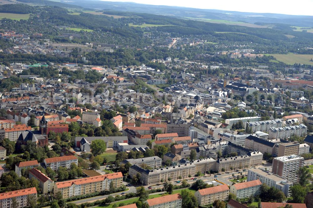 Plauen from above - Blick auf die Stadt Plauen. Plauen ist die größte Stadt des Vogtlandes. Kontakt: Stadt Plauen, Unterer Graben 1, 08523 Plauen, Tel. 03741 291-0, Fax 03741 291-1109, E-Mail postelle@plauen.de,