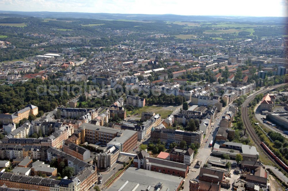 Plauen from the bird's eye view: Blick auf die Stadt Plauen. Plauen ist die größte Stadt des Vogtlandes. Kontakt: Stadt Plauen, Unterer Graben 1, 08523 Plauen, Tel. 03741 291-0, Fax 03741 291-1109, E-Mail postelle@plauen.de,