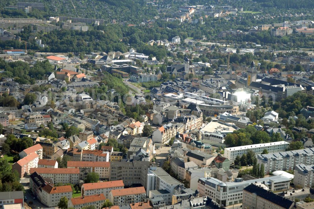 Plauen from the bird's eye view: Fertige Stadtgalerie der ECE in Plauen / Sachsen. Die Stadt-Galerie Plauen ist eine Einkaufs- und Erlebnistreffpunkt im Herzen des Vogtlandes. Kontakt: ECE-CENTERMANAGEMENT, Stadt-Galerie Plauen, Center-Management, Postplatz 1, 08523 Plauen; Telefon: 03741-14 86 0; Fax: 03741-14 86 99