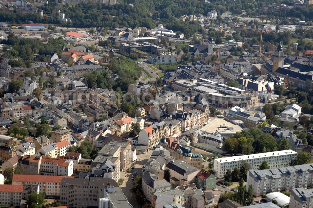 Aerial image Plauen - Fertige Stadtgalerie der ECE in Plauen / Sachsen. Die Stadt-Galerie Plauen ist eine Einkaufs- und Erlebnistreffpunkt im Herzen des Vogtlandes. Kontakt: ECE-CENTERMANAGEMENT, Stadt-Galerie Plauen, Center-Management, Postplatz 1, 08523 Plauen; Telefon: 03741-14 86 0; Fax: 03741-14 86 99