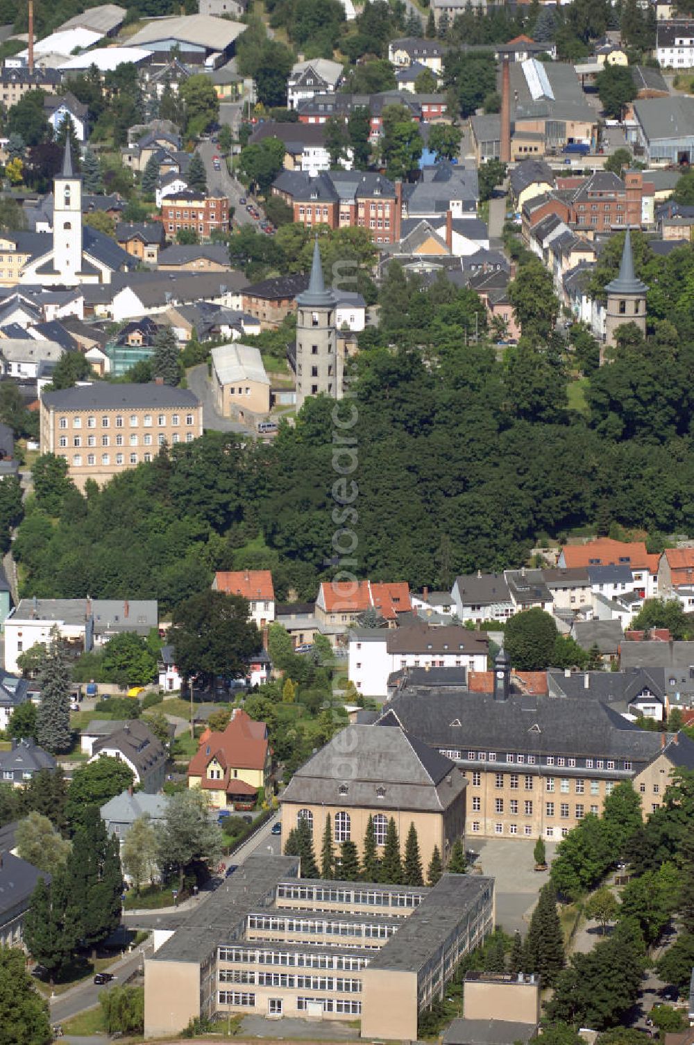 Aerial image SCHLEIZ - Blick auf das Dr.-Konrad-Duden-Gymnasium in Schleiz. Ab 1869 leitete Dr. Konrad Duden das Gymnasium. Adresse: Hofer Str. 10, 07907 Schleiz Tel. +49 (0)3663 422289