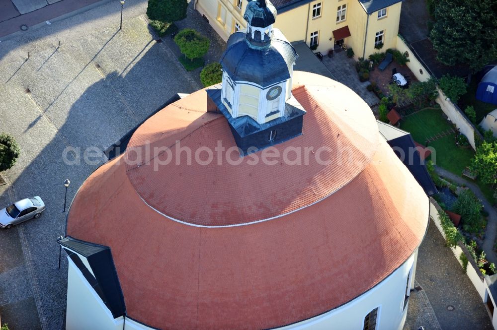 Oranienbaum from above - View of the city church Oranienbaum in Sachsen-Anhalt. The evangelical church is a baroque elliptical building that was inaugurated in 1702