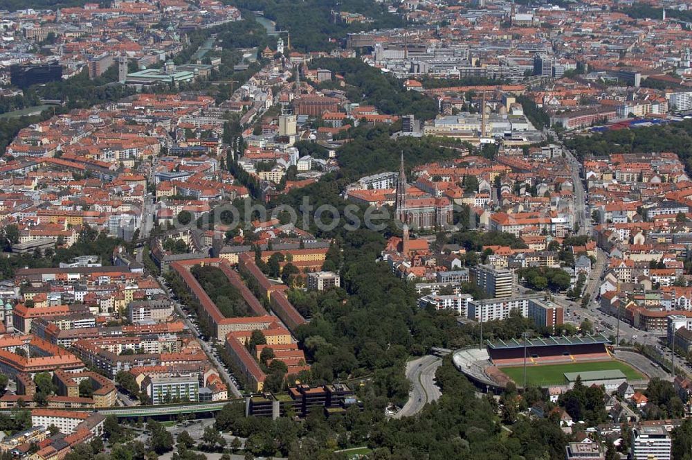 München from above - Blick auf den Stadtteil Au an der Isar mit der Mariahilfkirche und den Stadtteil Giesing mit der Heilig-Kreuz-Kirche und dem Grünwalder Stadion. Munich 2007/07/15 District Au by the river Isar with Mariahilfkirche and the district Giesing with Heilig-Kreuz-Kirche and the Grünwalder-Stadium.