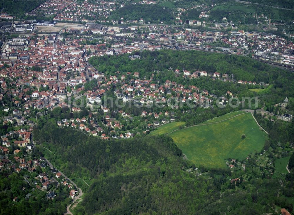 Eisenach from the bird's eye view: View of the city center and the city park of Eisenach in Thuringia. Right on the Goepelskuppe, a hill, was inaugurated in 1902, the fraternity memorial in honor of the fatherland use of student fraternities solemnly by the German fraternity