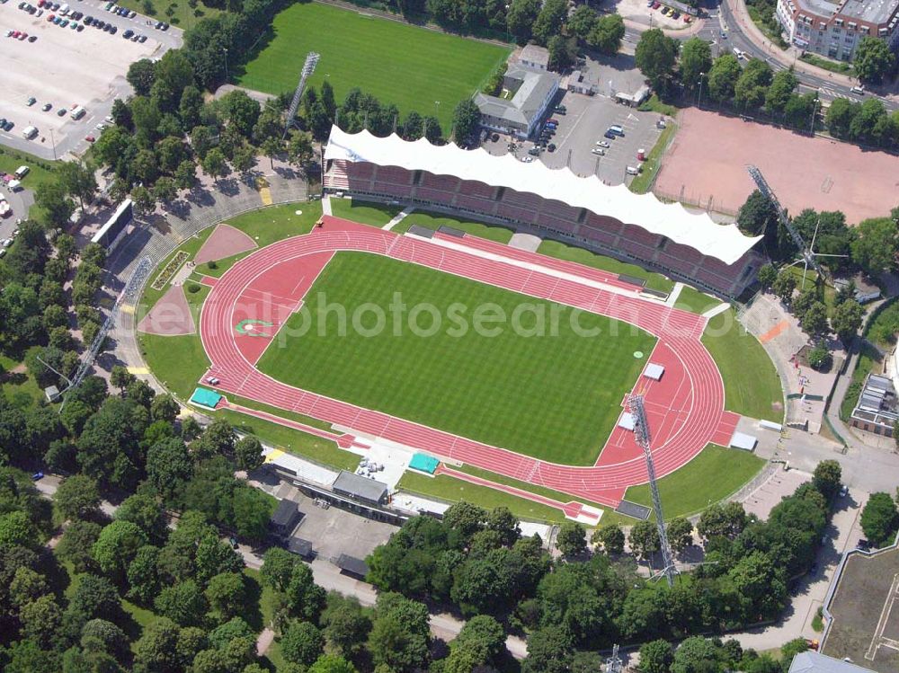 Erfurt / Thüringen from the bird's eye view: Blick auf das Steigerwaldstadion. Arnstädter Straße 55 99096 Erfurt Betriebsstellenleiter Herr Debuch, Tel.: 03 61/655 46 20 oder 03 61/655 46 21