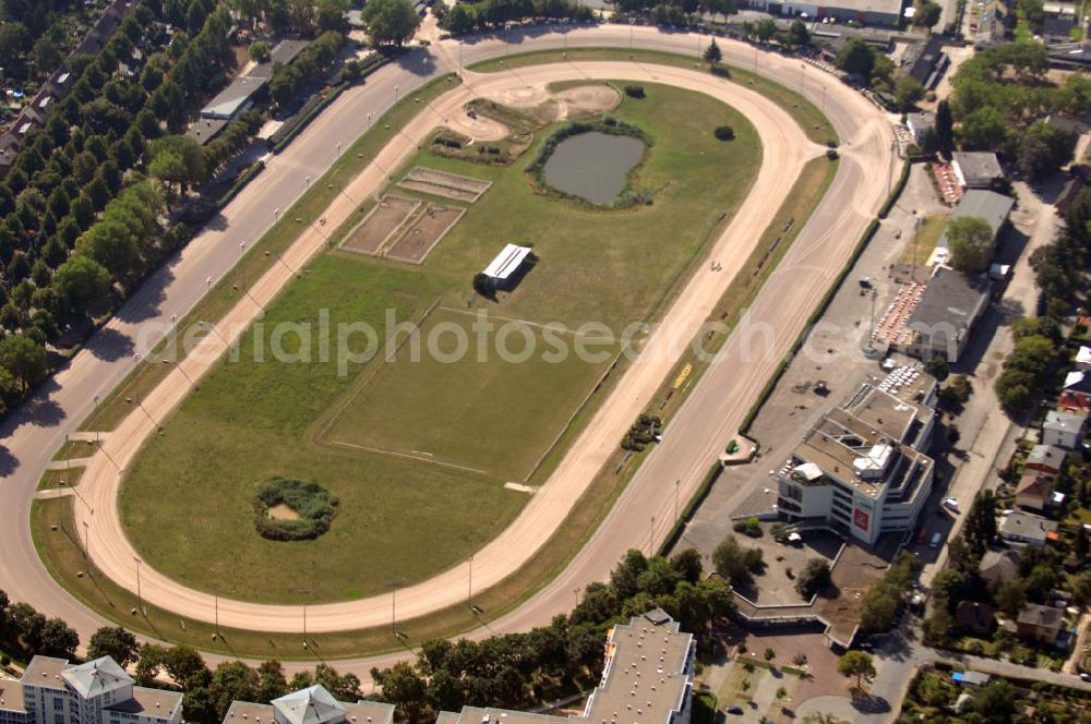 Aerial image Berlin - Blick auf die Trabrennbahn Mariendorf. Das größte jährliche Ereignis ist die Derby-Woche. Adresse: Mariendorfer Damm 222-298, 12107 Berlin Tempelhof-Schöneberg,Tel. +49 (0)30 7 40 12 12 ; Fax (0)30 7 40 12 11, Email: btv@berlintrab.de