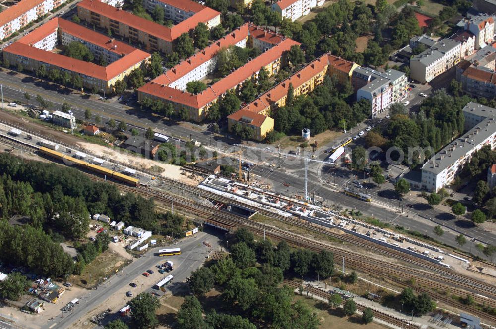 Berlin from the bird's eye view: Blick auf die Umbauarbeiten am S-Bahnhof Adlershof in Berlin-Köpenick. Diese Arbeiten dauern seit Juli 2006 und werden 2010 abgeschlossen sein. Die vorhandenen Brücken, Empfangshallen, Aufgänge und Bahnsteige in Adlershof werden dabei vollständig durch Neubauten ersetzt. Bauherr: Deutsche Bahn AG