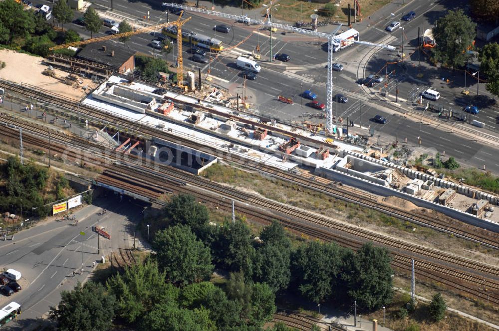 Aerial image Berlin - Blick auf die Umbauarbeiten am S-Bahnhof Adlershof in Berlin-Köpenick. Diese Arbeiten dauern seit Juli 2006 und werden 2010 abgeschlossen sein. Die vorhandenen Brücken, Empfangshallen, Aufgänge und Bahnsteige in Adlershof werden dabei vollständig durch Neubauten ersetzt. Bauherr: Deutsche Bahn AG