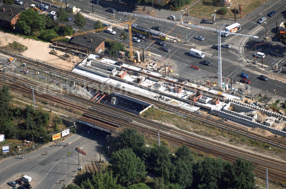 Aerial photograph Berlin - Blick auf die Umbauarbeiten am S-Bahnhof Adlershof in Berlin-Köpenick. Diese Arbeiten dauern seit Juli 2006 und werden 2010 abgeschlossen sein. Die vorhandenen Brücken, Empfangshallen, Aufgänge und Bahnsteige in Adlershof werden dabei vollständig durch Neubauten ersetzt. Bauherr: Deutsche Bahn AG