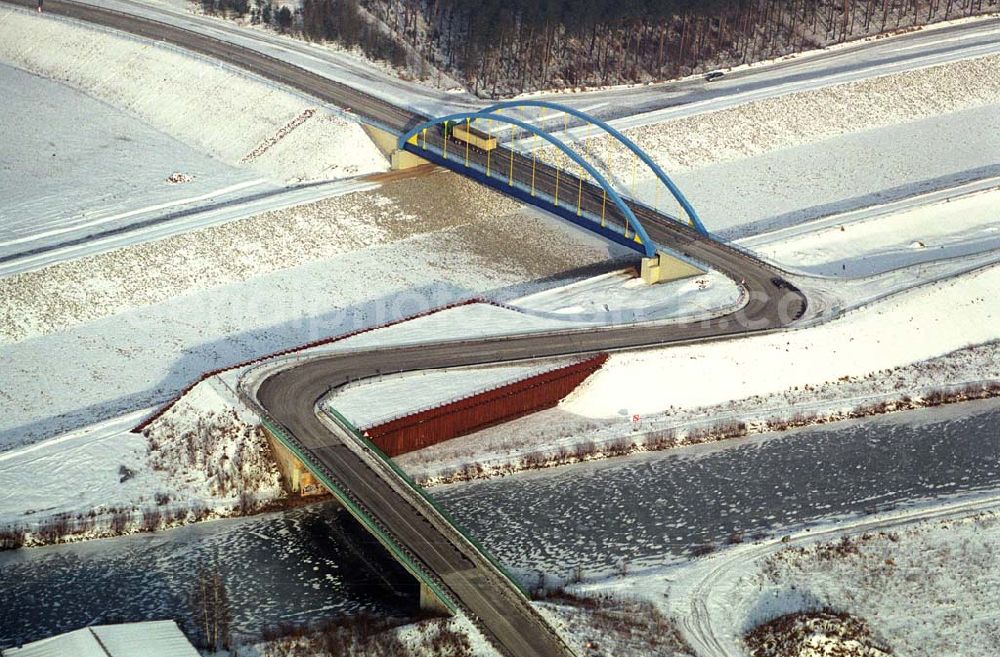 Eberswalde / Brandenburg from above - 24.01.2006 Eberswalde: Umleitungsarbeiten am Oder-Havel-Kanal zu Eberswalde im Unterquerbereich der Eisenbahnlinie nach Stralsund. Ein Projekt der Wasser- und Schifffahrtdirektion Ost im Rahmen der Verkehrsprojekte Deutsche Einheit.