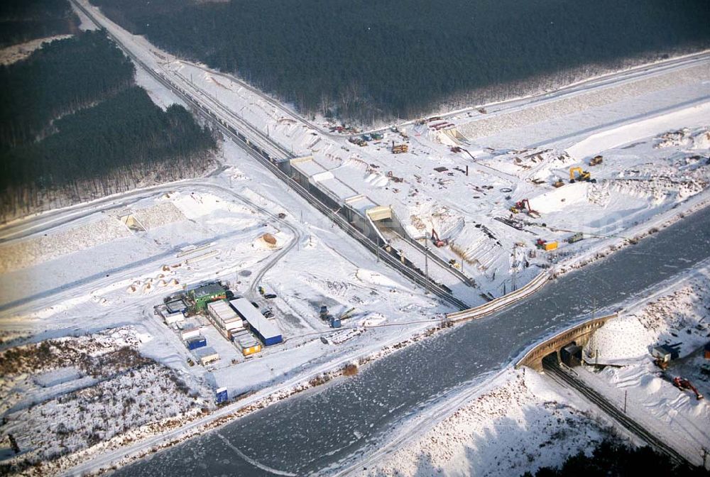 Aerial image Eberswalde / Brandenburg - 24.01.2006 Eberswalde: Umleitungsarbeiten am Oder-Havel-Kanal zu Eberswalde im Unterquerbereich der Eisenbahnlinie nach Stralsund. Ein Projekt der Wasser- und Schifffahrtdirektion Ost im Rahmen der Verkehrsprojekte Deutsche Einheit.