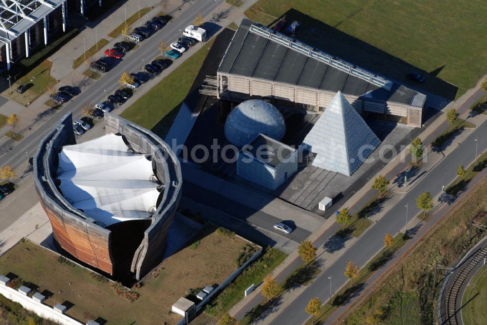 Aerial image Hannover - Blick auf den Ungarischen und Dänischen Pavillion auf dem Expo-Gelände in Hannover. Die beiden Pavillions befinden sich nach wie vor auf dem Gelände und wurden bislang nicht abgerissen. Im Ungarischen Pavillion, der von György Vad#asz entworfen wurde, hat heute eine Security Firma ihren Sitz und im Dänischen Pavillion sitzt ein Schulungskonzern der dänischen Bestseller Academy. Kontakt: Exposeeum e.V. Heinz-Dieter Gebhardt, Expo-Plaza 11 30539 Hannover, Postfach 110116 30856 Laatzen, Tel. +49(0)511 2284652, Email: buero@exposeeum.de