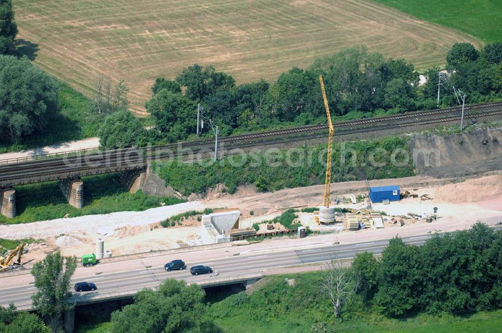 Aerial image Dessau - Blick auf verschiedene Brückenbauwerke an der Baustelle zum Ausbau der B184 zwischen Dessau und Roßlau in Sachsen-Anhalt. Die B184 wird aufgrund des gestiegenen Verkehrsaufkommens 4-streifig über den Verlauf der Elbe hinweg ausgebaut.Bauherr ist der Landesbetrieb Bau Sachsen-Anhalt, die Projektleitung liegt bei SCHÜßLER-PLAN Berlin.