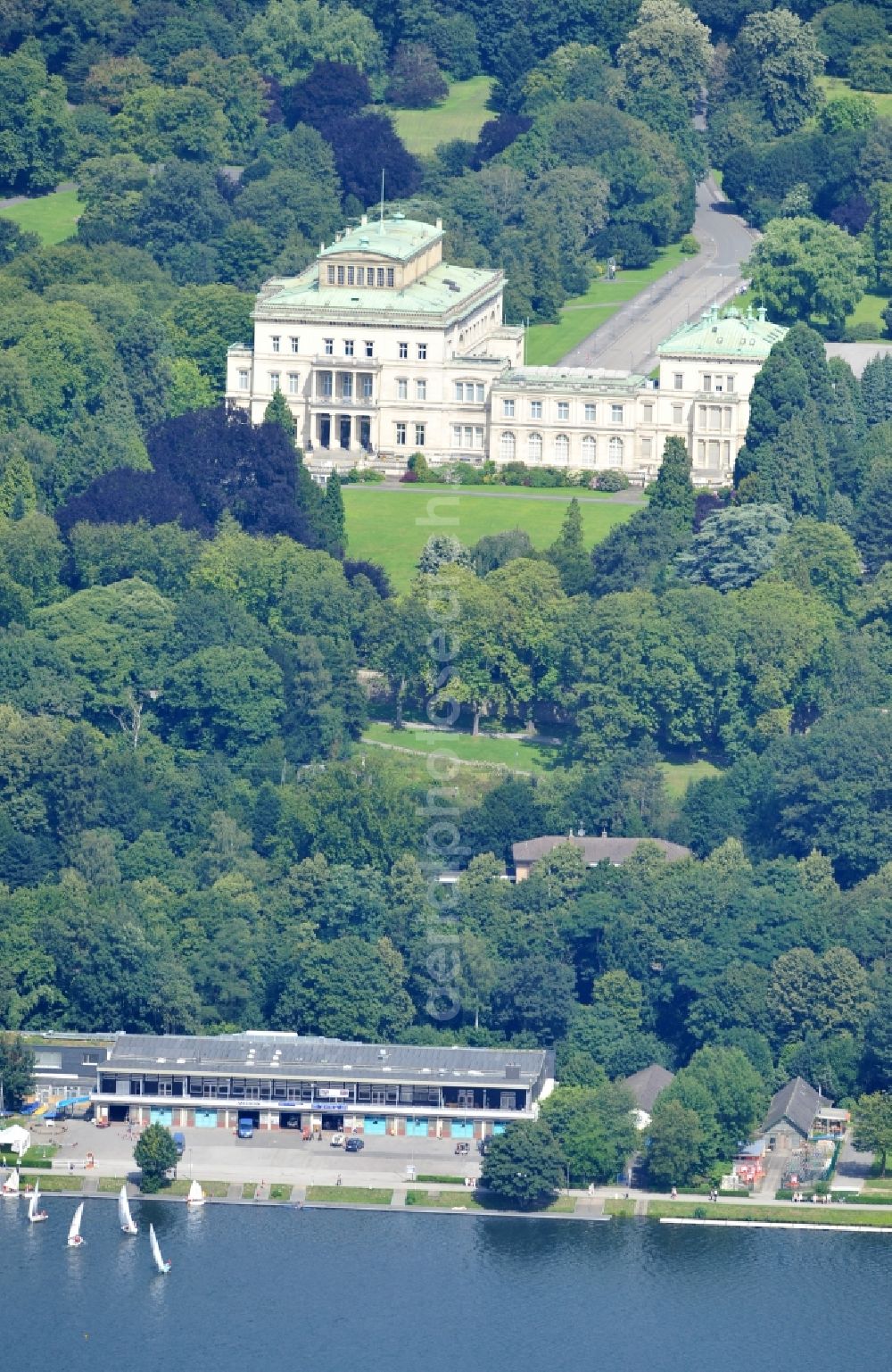 Essen from above - View of the Villa Hugel in the district of Essen Bredeney. It was built in 1873 by Alfred Krupp and is the former residence of the family Krupp