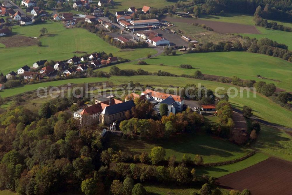 Aerial photograph Bad Brückenau - Blick auf den Volkersberg mit dem Haus Volkersberg - eine katholische Landvolkshochschule und Jugenbildungstätte, der Wallfahrtskirche und dem Franziskanerkloster. Kontakt: Haus Volkersberg, 97769 Bad Brückenau/Volkers; Tel: 09741-9132-00