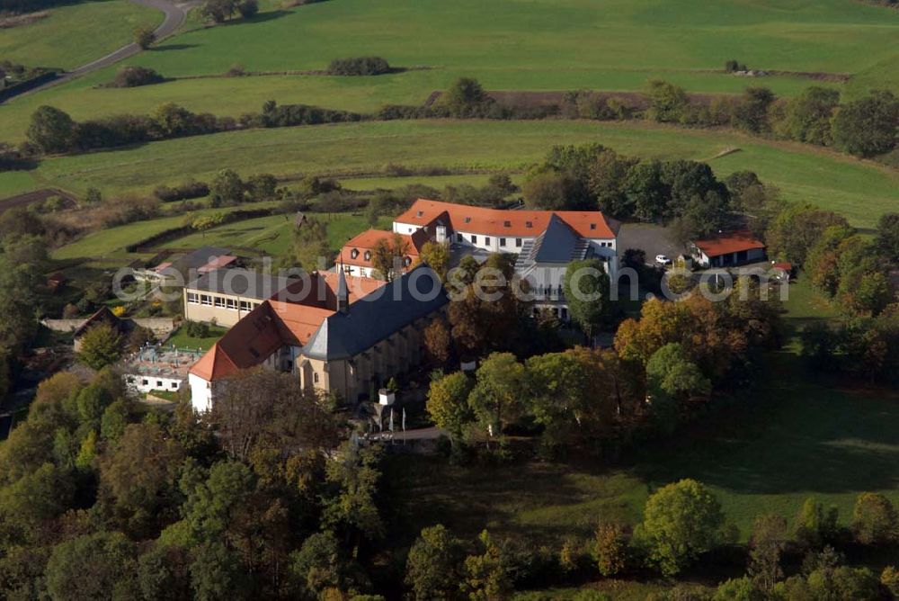 Aerial image Bad Brückenau - Blick auf den Volkersberg mit dem Haus Volkersberg - eine katholische Landvolkshochschule und Jugenbildungstätte, der Wallfahrtskirche und dem Franziskanerkloster. Kontakt: Haus Volkersberg, 97769 Bad Brückenau/Volkers; Tel: 09741-9132-00