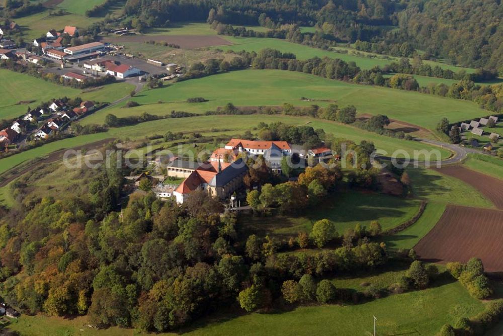 Aerial photograph Bad Brückenau - Blick auf den Volkersberg mit dem Haus Volkersberg - eine katholische Landvolkshochschule und Jugenbildungstätte, der Wallfahrtskirche und dem Franziskanerkloster. Kontakt: Haus Volkersberg, 97769 Bad Brückenau/Volkers; Tel: 09741-9132-00