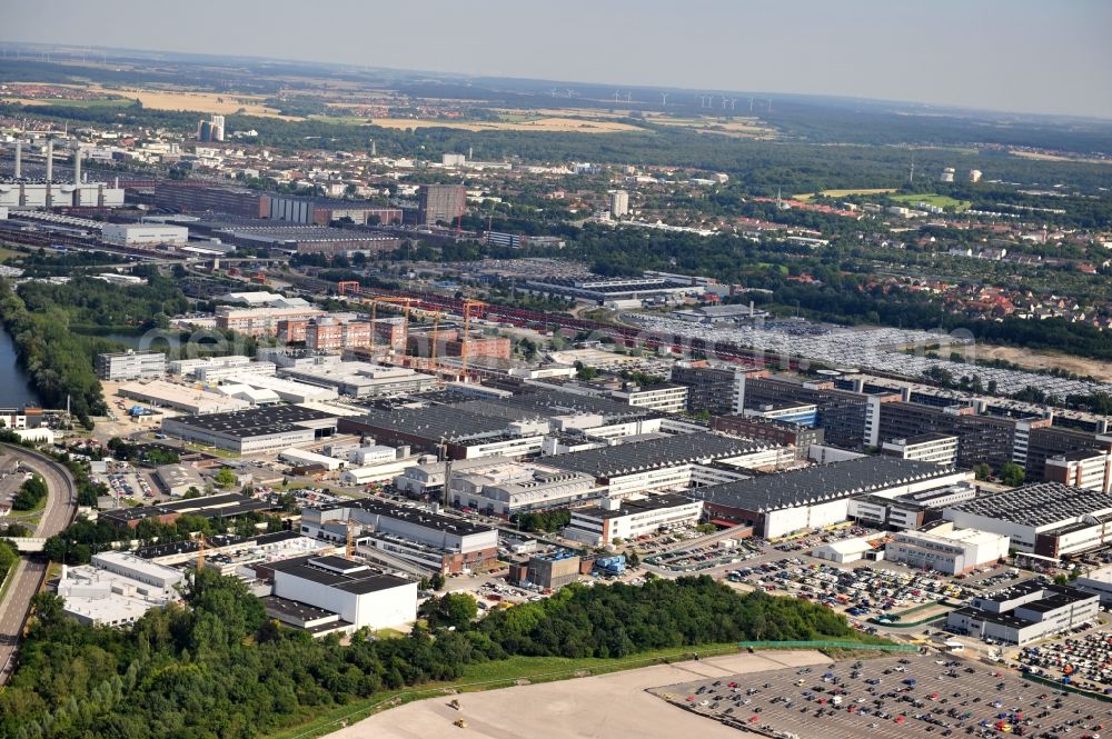 Wolfsburg from above - View of the Volkswagen plant in Wolfsburg. The Volkswagen plant in Wolfsburg is, with its production facilities, the parent company of Volkswagen AG. It was built from the late 1930s, portions of the work are now protected as an industrial monument