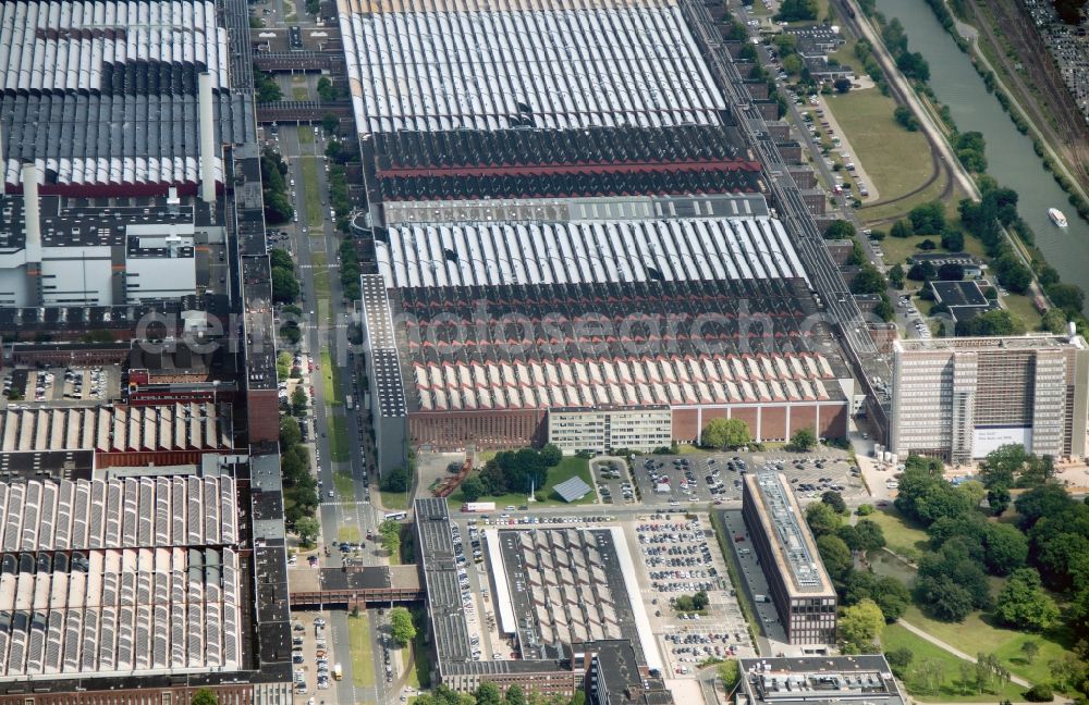 Wolfsburg from above - View of the Volkswagen plant in Wolfsburg. The Volkswagen plant in Wolfsburg is, with its production facilities, the parent company of Volkswagen AG. It was built from the late 1930s, portions of the work are now protected as an industrial monument